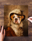 Personalized pet puzzle featuring a bulldog in a renaissance-style "Feathered Dame" portrait.