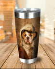 Personalized stainless steel tumbler with a renaissance-style portrait of a bulldog in a feathered hat.