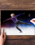 Personalized Figure Skater pet puzzle featuring a dog's head on a human body, partially assembled.