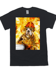 Black Gildan unisex t-shirt with a bulldog in firefighter gear holding a hose, against a fiery background.