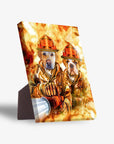 Personalized canvas art of two pets as firefighters in orange helmets and coats, with a sturdy stand.