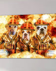 Personalized canvas featuring three pets as firefighters in orange uniforms and helmets, holding hoses.