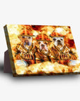 Personalized 3 pet standing canvas featuring dogs as firefighters in orange helmets and suits, against a fiery background.