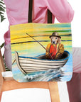 Personalized tote bag with a custom pet portrait of a Golden Retriever dog fishing in a boat.