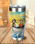 Personalized stainless steel tumbler with two dogs in a boat, fishing, in a vibrant watercolor style.