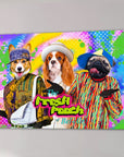 Personalized 'The Fresh Pooch' canvas featuring three pets in colorful 90s-style outfits.