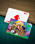 Custom personalized playing cards featuring three dogs in colorful, retro-style portraits.