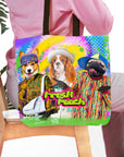 Personalized 3-pet tote bag with cartoon dog portraits in "Fresh Pooch" style, vibrant colors.