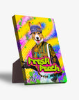 Colorful "The Fresh Pooch" personalized pet standing canvas featuring a corgi in a hat and jacket.