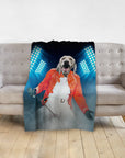 Personalized pet blanket with a Doggovinci portrait of a dog as Freddie Mercury.