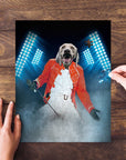 Personalized pet puzzle featuring a dog in a red Mercury-style jacket on a stage with blue lights.