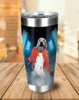 Personalized stainless steel tumbler with a dog in a red jacket, like Freddie Mercury, on stage.