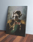 Personalized dog canvas portrait, "The General" style, featuring a Great Dane in a dark military uniform with gold epaulets and medals.