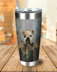 Personalized stainless steel tumbler with a custom bulldog pet portrait in a royal general's uniform.