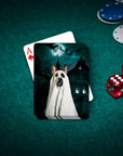 Personalized pet playing cards featuring a dog in a ghost costume against a spooky mansion under a full moon.