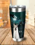 Personalized stainless steel tumbler with a dog in a ghost costume in front of a haunted house.