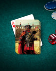 Personalized playing cards featuring a dog in a Gladiator renaissance portrait on a green felt table with poker chips and dice.