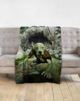 Personalized pet blanket featuring a custom Doggovinci goblin portrait of a pet.