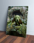 Personalized pet canvas featuring a dog's head on a green goblin body in a forest setting.