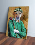 Personalized pet canvas featuring a Labrador dog dressed as a golfer in a green sweater and plaid cap.