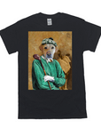 Black Gildan t-shirt featuring a personalized pet portrait of a dog dressed as a golfer in a green sweater.