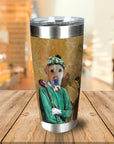 Personalized stainless steel tumbler with a custom portrait of a yellow lab dog dressed as a golfer.