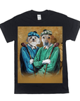 Black Gildan t-shirt featuring a custom portrait of two pets dressed as golfers in blue and green sweaters.