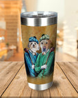 Personalized stainless steel tumbler with two pet portraits dressed as golfers in renaissance style.