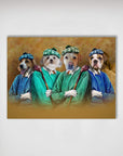 Personalized 'The Golfers' poster featuring four pets as golfers in blue and green sweaters and plaid hats.