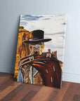 Personalized pet canvas featuring a bulldog in a brown cowboy hat and poncho against a desert backdrop.