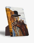 Personalized pet canvas featuring a dog dressed as a cowboy, standing in a desert landscape.