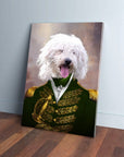 Personalized pet canvas featuring a white fluffy dog in a green admiral's uniform with gold detailing.