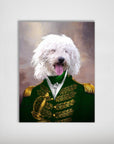 Personalized pet poster featuring a white fluffy dog in a green admiral's uniform with gold accents.