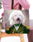 Personalized 'Green Admiral' tote bag with a custom renaissance portrait of a white fluffy dog.