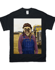 Black Gildan t-shirt featuring a pug in overalls and a wig, standing in a field with a yellow truck.