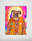 Personalized pug dog portrait in a vibrant tie-dye background, wearing a fringed orange vest and floral hippie shirt.
