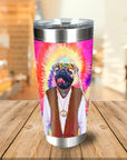 Personalized stainless steel tumbler with a custom pug pet portrait in a hippie costume and tie-dye background.