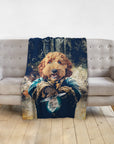 Personalized pet blanket with a custom renaissance-style portrait of a dog holding a sword.