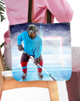Personalized tote bag with a custom pet portrait of a Rottweiler dog as a hockey player.