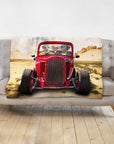 Personalized 3 pet blanket, cartoon dogs in a red hot rod, desert background, on a gray sofa.