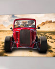 Personalized 'Hot Rod' canvas featuring three dogs in a red vintage car, driving through a desert landscape.