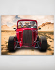 Personalized 'Hot Rod' poster featuring three dogs in a red vintage car driving through a desert landscape.