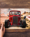 Personalized 3 pet puzzle featuring dogs in a red hot rod, with hands assembling pieces.