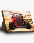 Personalized 3-pet "Hot Rod" standing canvas featuring dogs in a red vintage car in a desert landscape.