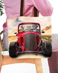 Personalized 3 pet tote bag with dogs in a red hot rod, desert background.