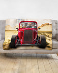 Personalized blanket with four pet dog portraits in a red hot rod car, desert background.