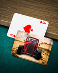 Personalized playing cards featuring pets in a red hot rod, Ace of Spades visible.