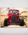 Personalized 'Hot Rod' poster featuring four pets in a red vintage car in a desert landscape.
