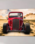 Personalized pet canvas: a Rottweiler in a red hot rod, driving through a desert landscape.