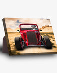 Personalized pet standing canvas featuring a dog driving a red hot rod in a desert landscape.